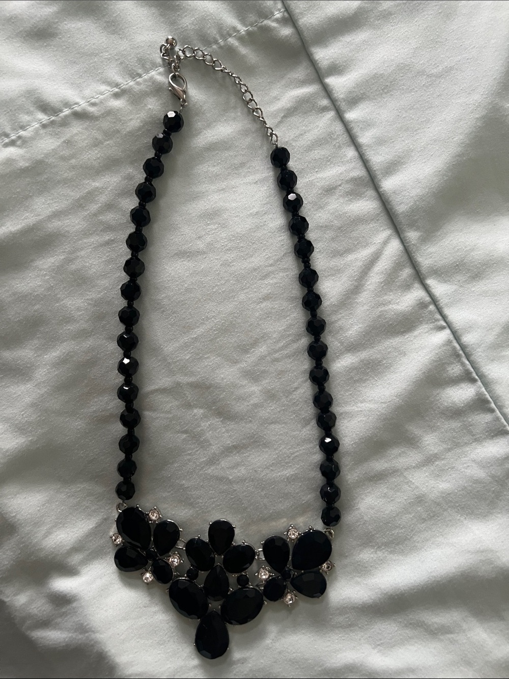 Vintage Jet Black Faceted Bead & Teardrop Crystal Cluster Bib Statement Necklace